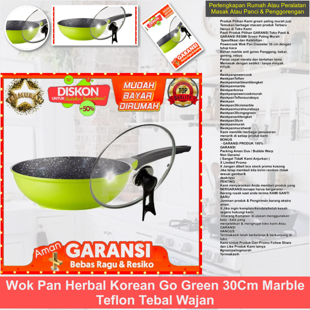 Wok Pan Herbal Korean Go Green 30Cm Marble Teflon Tebal Wajan