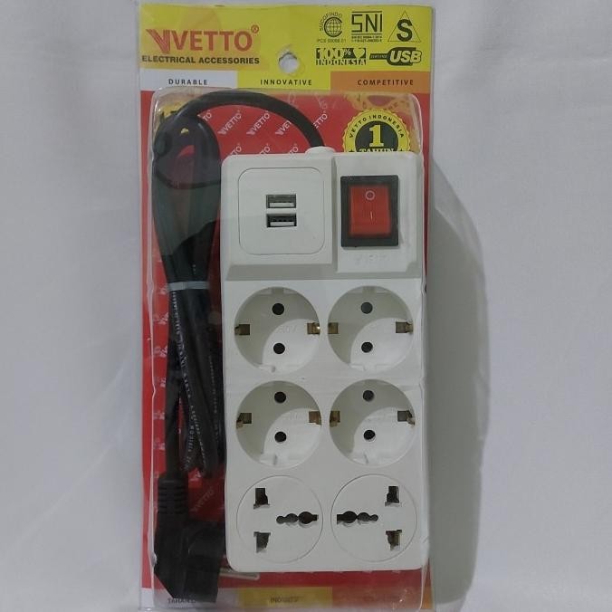 TERBARU - Stop Kontak Segi 4 lubang + 2 USB + 2 Colokan kaki 3 +Kabel 1,5m VETTO