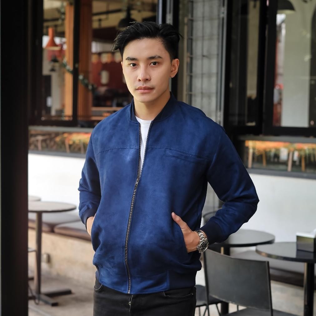 Jaket Pria Keren Bomber Suede Pria Blue