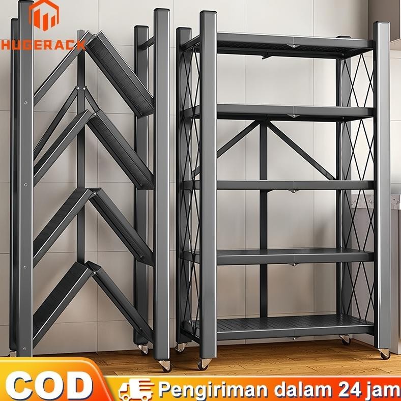 Rak Lipat Besi Rak Besi 5 Susun Rak Lipat Portable Rak Dapur Lipat Rak Roda Rak Penyimpanan Serbagun