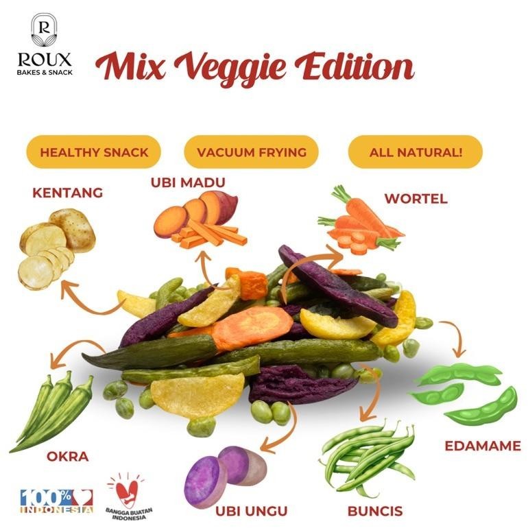 

uk-75 ROUX VEGGIE CRUNCH MIX VEGGIE EDITION SAYUR KERIPIK SNACK OKRA BUNCIS WORTEL EDAMAME KENTANG UBI MADU UNGU ENAK RENYAH SEHAT HEALTHY Premium
