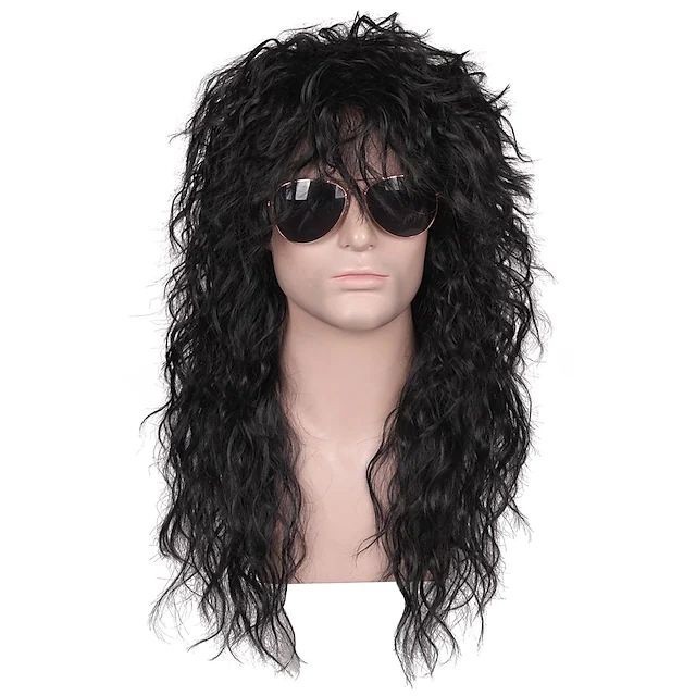 Wig Kostum Halloween Pria Lucu Wig Batu Hitam Keriting Panjang