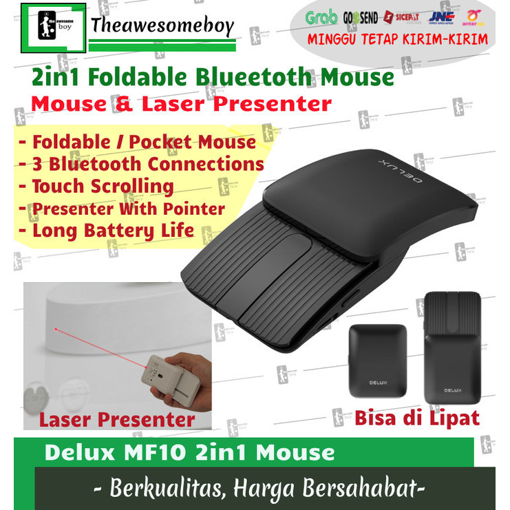 Terlaris Delux MF10 2in1 Foldable Bluetooth Mouse Laser Presenter Touch Scroll SALE