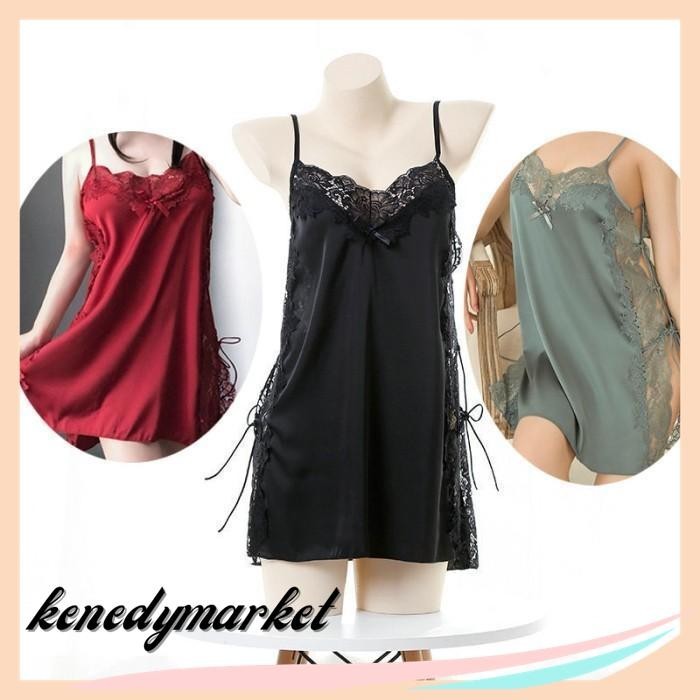 LINGERIE WANITA SEXY SATIN BAJU TIDUR PIYAMA WANITA ROK SUSPENDER THONG SET A CEPAT