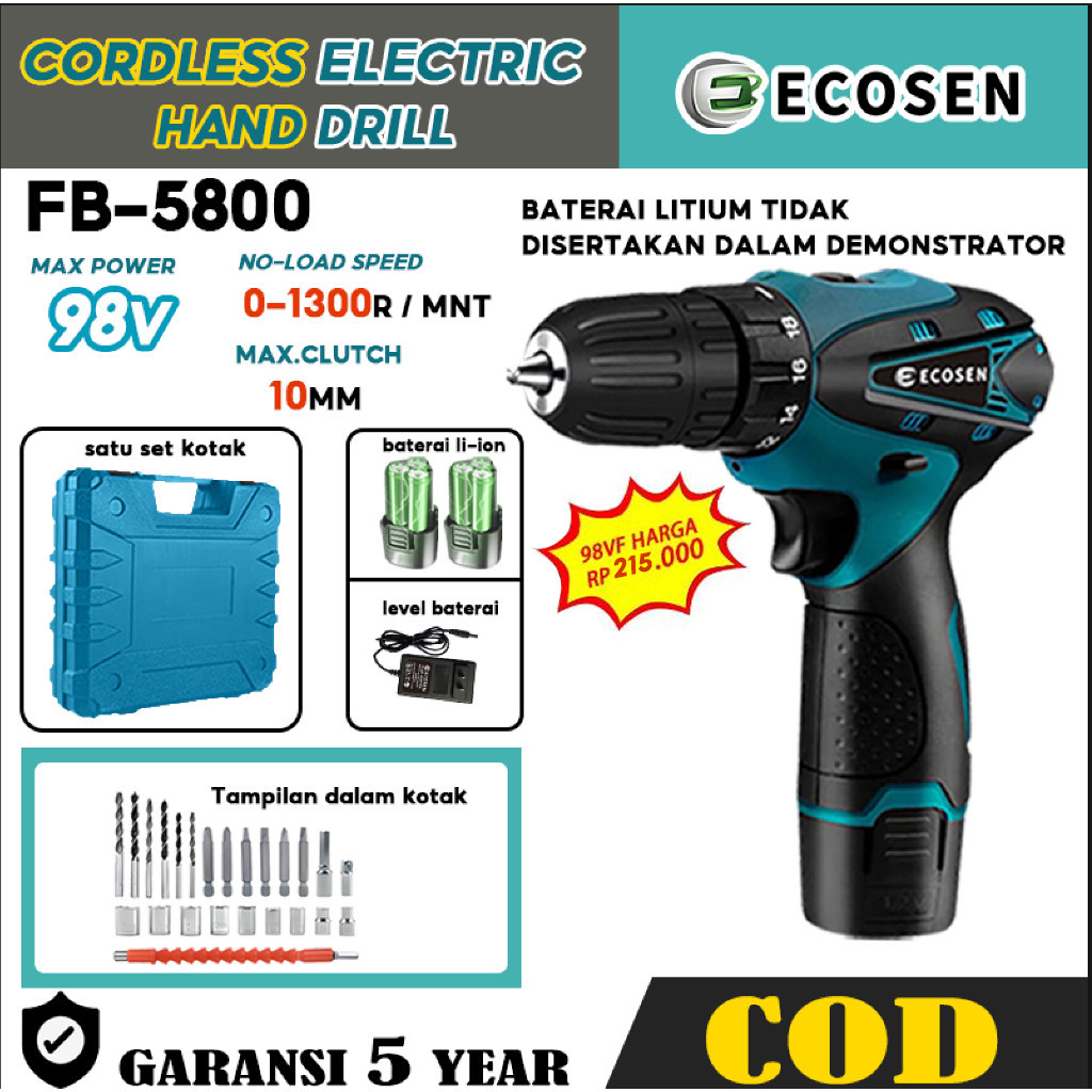 Original Ecosen Mesin Bor Baterai Tangan 98V Bor Listrik Bor Cas Bor Mini Bor Portable Bor Portable