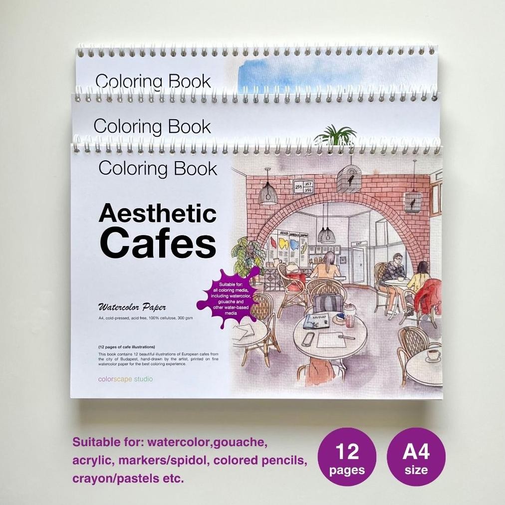 

qw-45 Colorscape Watercolor & Mixed Media Coloring Book - Aesthetic Cafes - Buku Mewarnai Dewasa Berkualitas