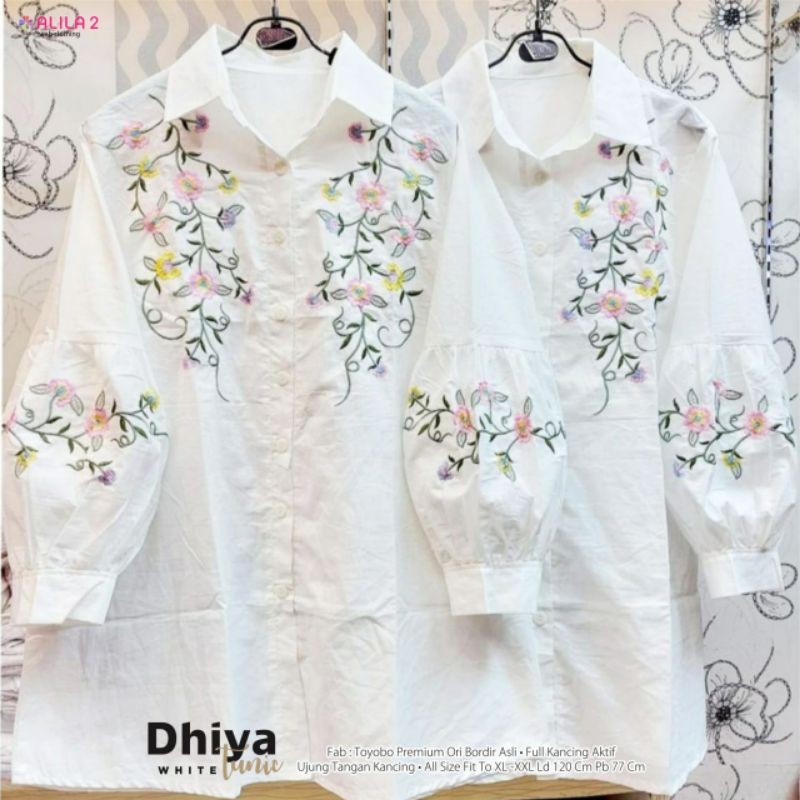 Dhiya Tunik Putih Bordiran Bunga oversize Ld 120 fit XXXL BY alila