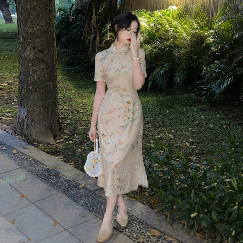 Women's Chinese Style Republic of China Style Style National Fashion Waist-Tight Chiffon Dress