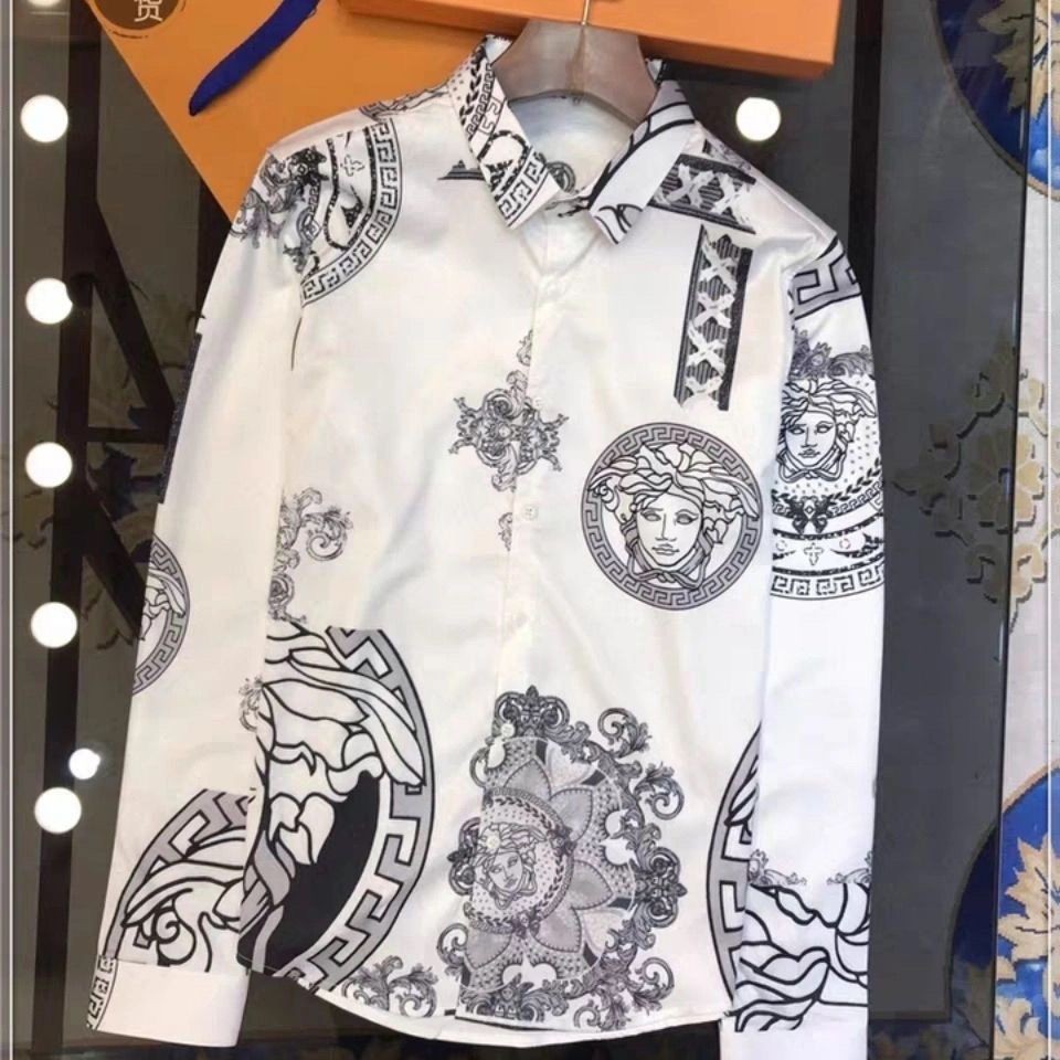 Kaus Pria Trendi, Baju Lengan Panjang Pria, Berkerah, Sutera Es, Gaya Istana, Baju Pria Trendi