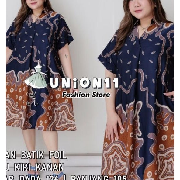 Jumbo Dress Pesta Wanita Batik Foil Kerah Kemeja Ld 126