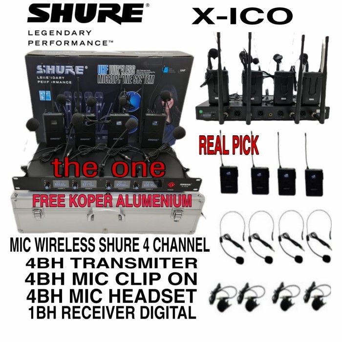 Ready MIC WIRELESS SHURE X ICO 4 CHANNEL (4 CLIP on + 4 headset)good quality
