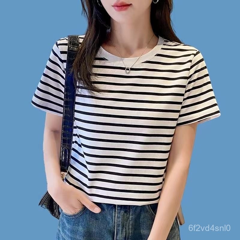 Baju Wanita Gaya Korea, Baju Garis-garis Hitam dan Putih Kasual Leher Kru LonggarTBaju Kaos
