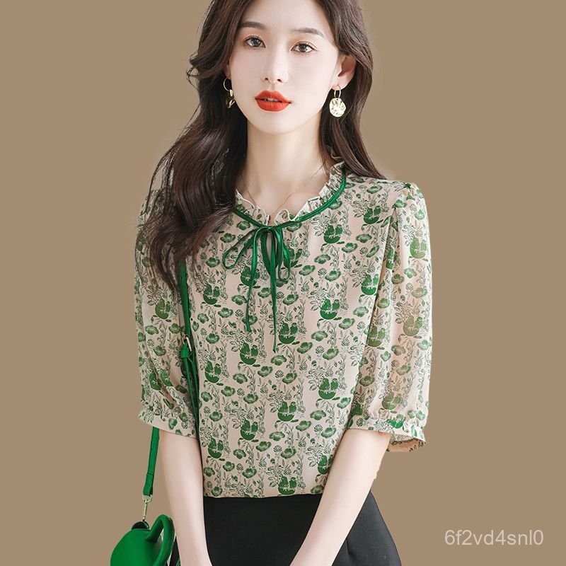 Blus Wanita Sifon Tipis, Blus Perempuan Longgar Kerah Renda Setengah Lengan