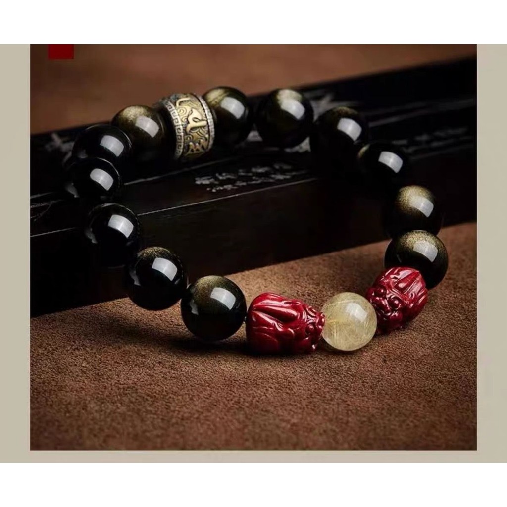 Gold Obsidian Cinnabar Lucky Double Pixiu Bracelet Gold Obsidian Rosary Bracelet