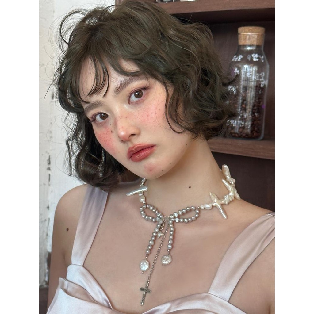 Silver Pearl Bow Shape Cross Pendant Baroque Necklace