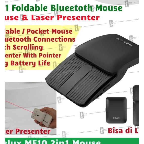 Delux Mf10 2In1 Foldable Bluetooth Mouse Laser Presenter Touch Scroll