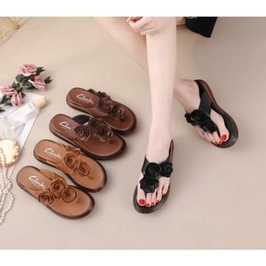 Sandal Clarks 2687 Rose Flowers Sendal Jepit Kulit Wanita