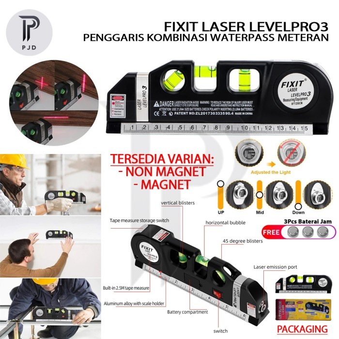 (Non Magnet) Laser Fixit Level Pro3 / Levelpro3 Penggaris Kombinasi Laser Waterpass Meteran
