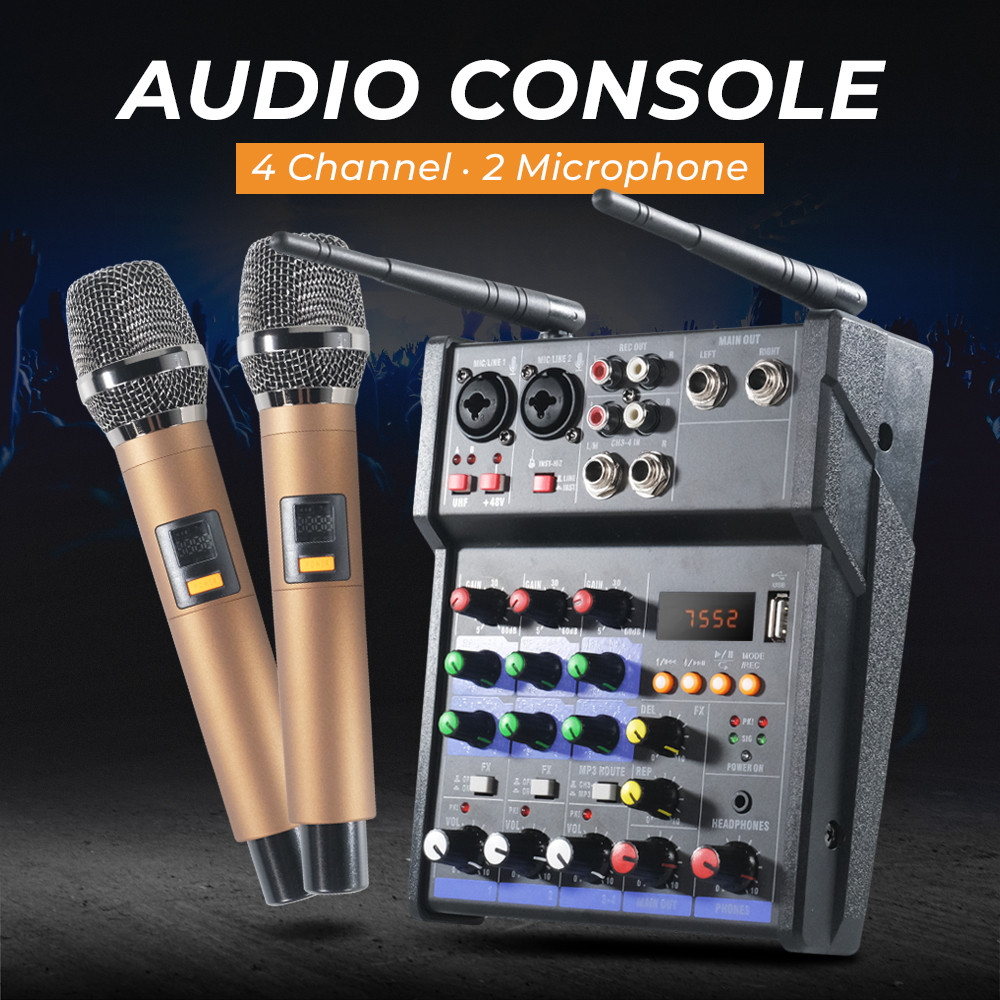 Audio Console Karaoke DJ KTV Mixer 4 Channel with 2 Microphone
