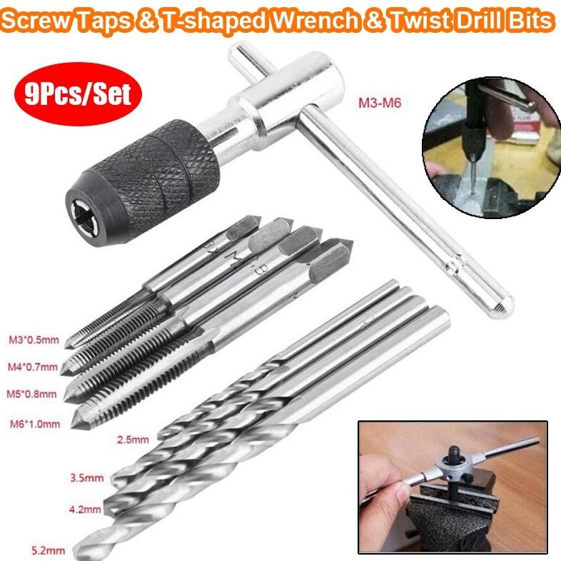 Bor, Obeng & Aksesoris 9PCS Hand Tap Set + Mata Bor Senai Drat Baut Pembuat Derat Ulir Baud Handtap 