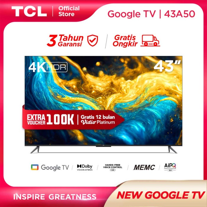 Tcl 43 Inch Google Tv - 4K Uhd - Memc - Dolby-Atmos - Hfvc 2.0 - 43A50