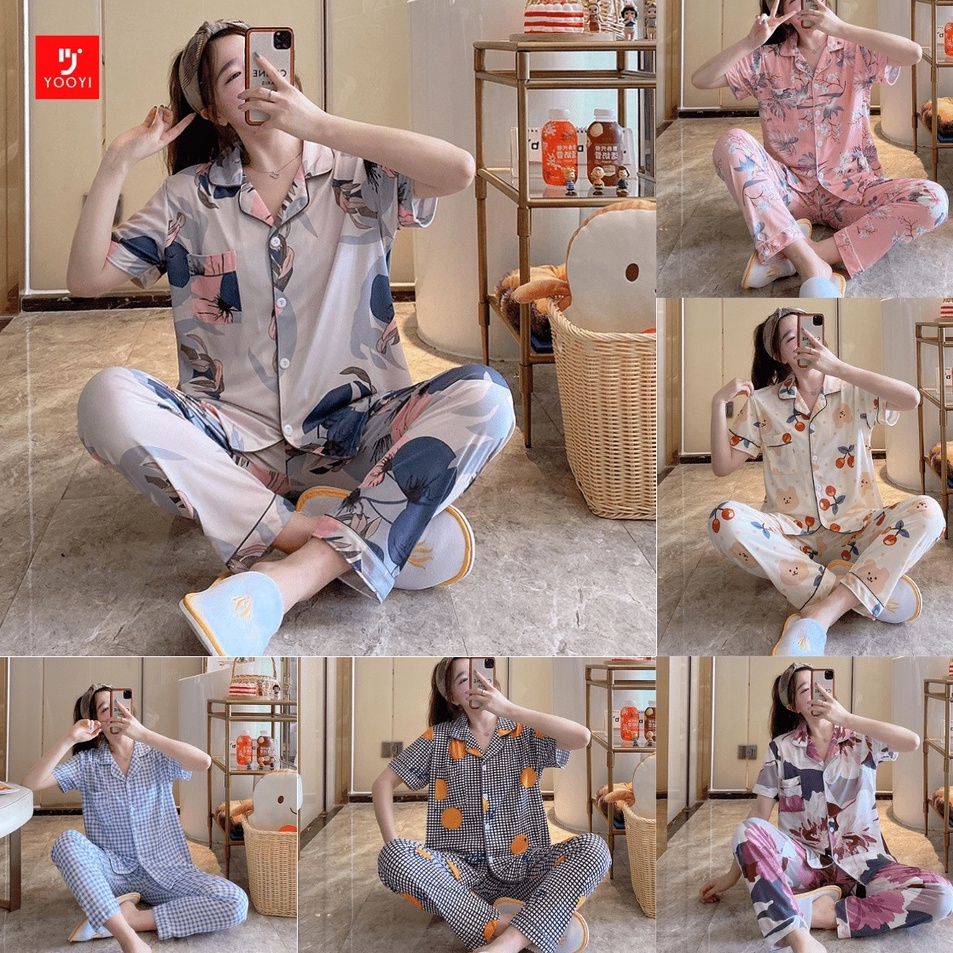 Spesial Promo6c6Bq Yooyi Baju Tidur Wanita Piyama Cewek Set Kemeja Lengan Pendek Celana Panjang Styl