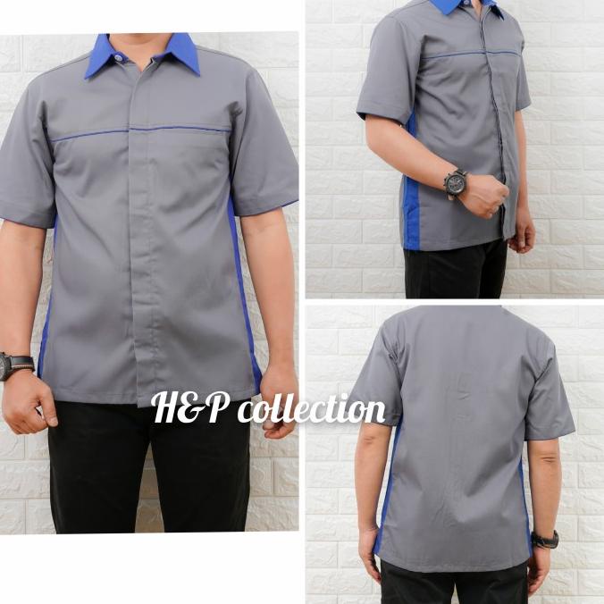 KEMEJA SERAGAM KERJA ABU POLOS COMBI BIRU.