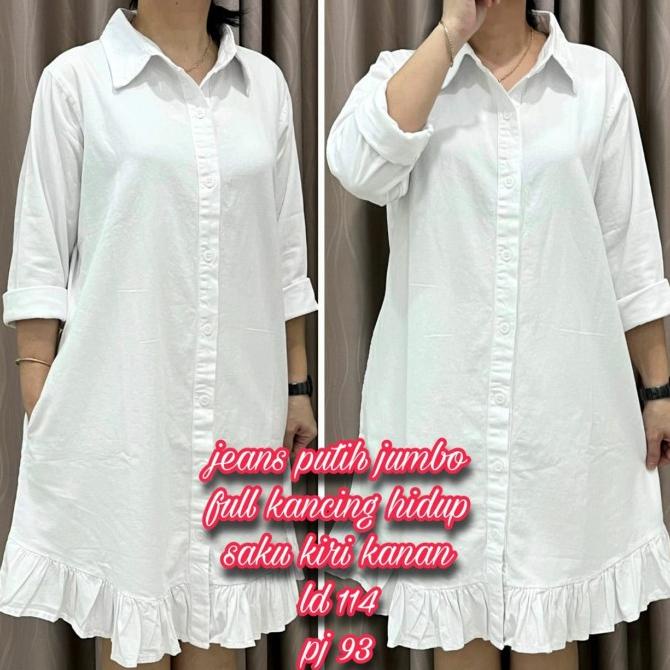 Dress Tunik Jeans Putih Lengan Panjang Jumbo Denim Putih Oversized