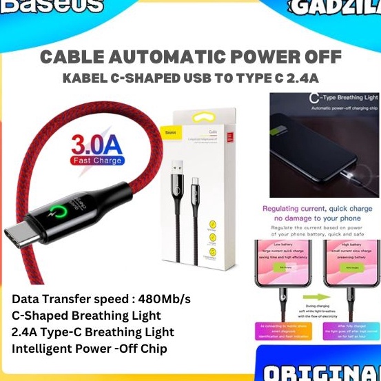 ➧➣✩✸ Kabel Data USB Type C BASEUS Automatic Power-Off 1M 2.4A Type-C Kirim Sekarang