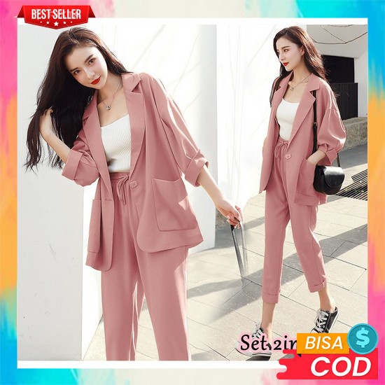 Blazer Set Wanita Korea Style Stelann Outer Jas Kerja Kantor Formal Setelan Blezer Perempuan Import 
