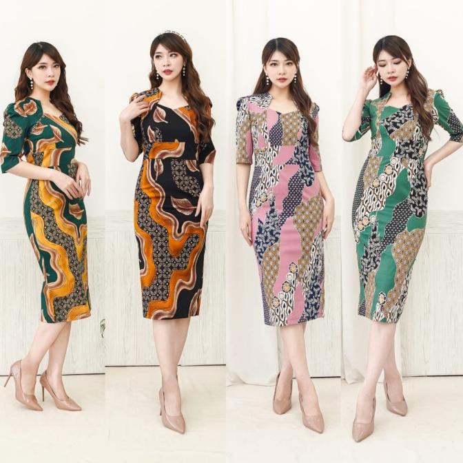 Midi Dress Bodycon Batik Modern Gaun Kerja Wanita Katun Stretch melar