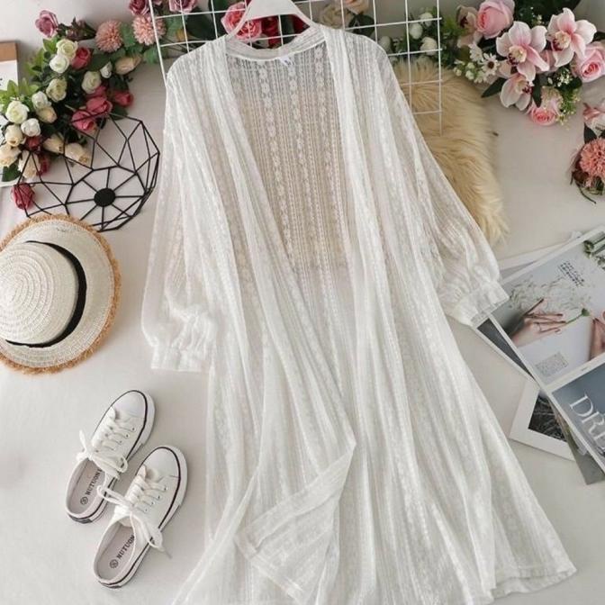 Pakaian Wanita Muslimah Long Outer Cardigan Putih Brokat Lengan Panjan