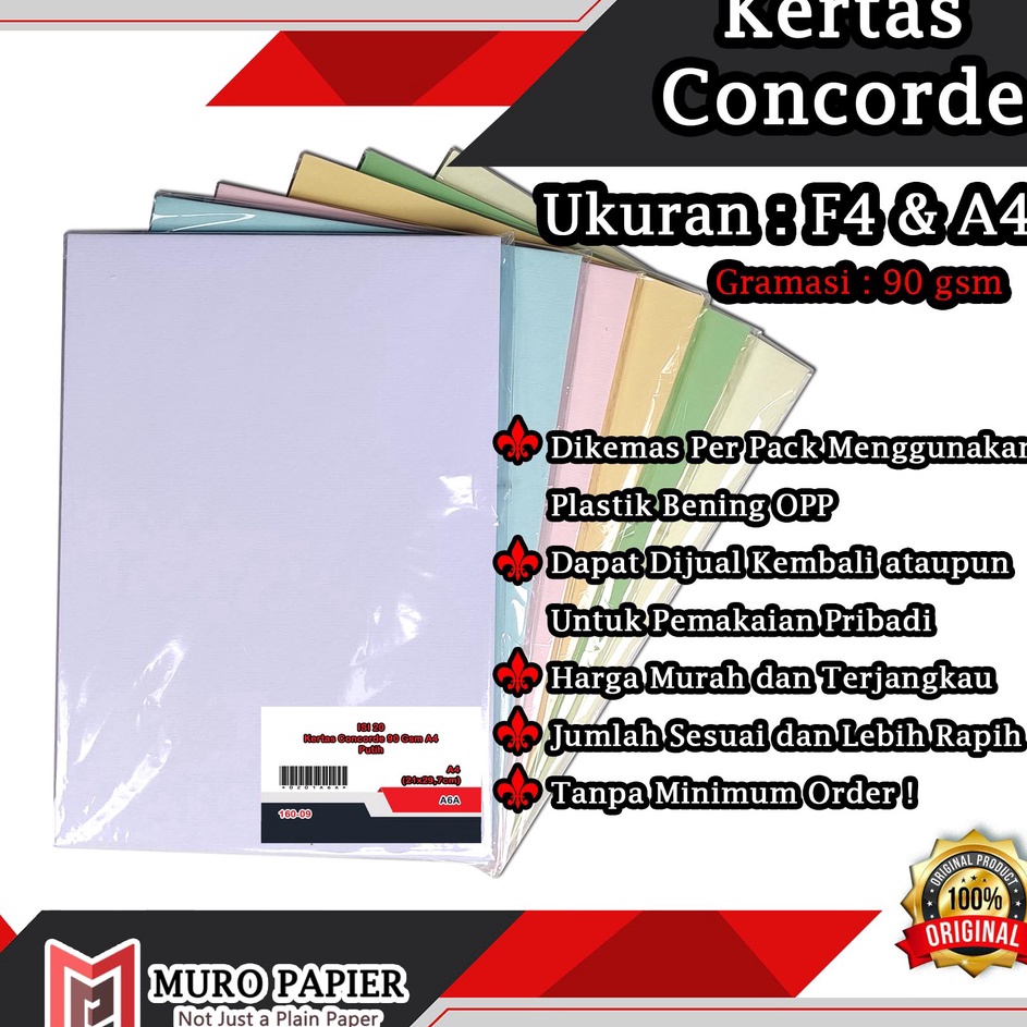 

✼Harga Murah↑ ( PER PAK - ISI 20 ) Kertas Concorde 90 gsm F4 A4 - by Muro Papier I47