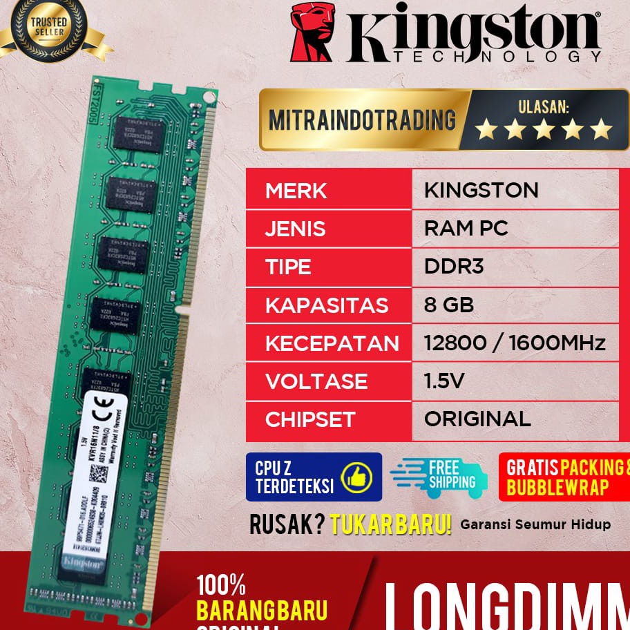 12.12 MALL RAM KINGSTON LONGDIMM DDR3 8GB PC12800 BERGARANSI ?