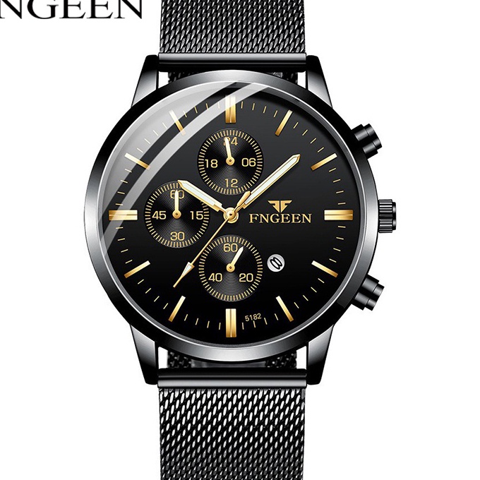 (KO-♥➛T> FNGEEN W5128 Jam Tangan Pria Tipis Rantai Pasir Kasual Quartz Original Anti Air Watchamanah