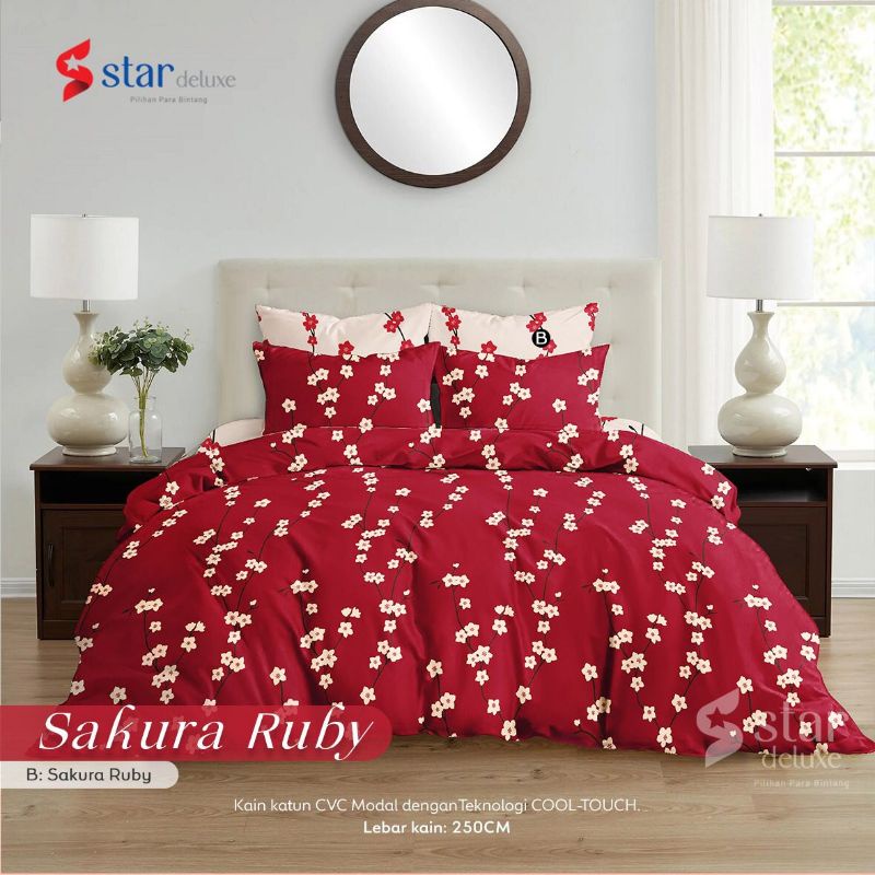 Katun Lokal Original Grade 1 kain Sprei meteran bahan Star Deluxe motif Sakura Ruby Red