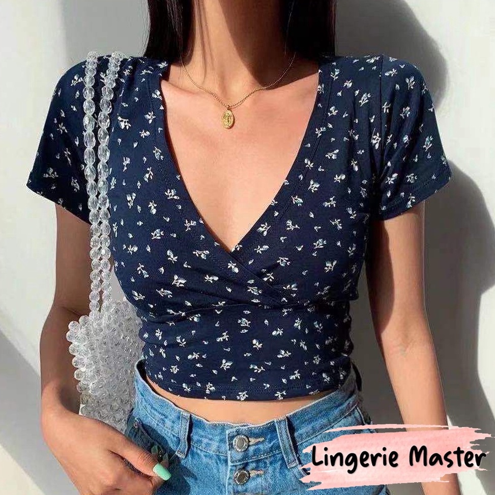 STOK TERBATAS [ LINGERIE MASTER ] - (T-2) Korean Sexy Crop Top Atasan V-Neck Lengan Pendek