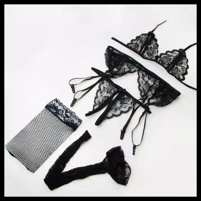 PRIVASI AMAN K211074 SEXY LINGERIE BRA SET HITAM GARTER DAN STOCKING - BIKINI TIPIS