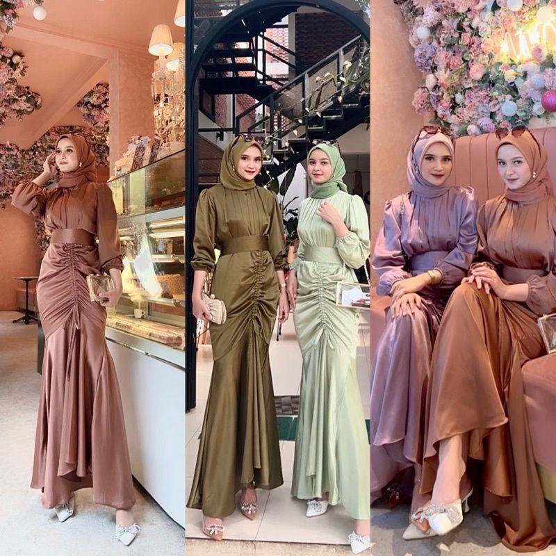 Vaniya Dress Mewah / Acara Kondangan Bridesmaid Wisuda / Bahan Satin Armani Silk free anting hijab