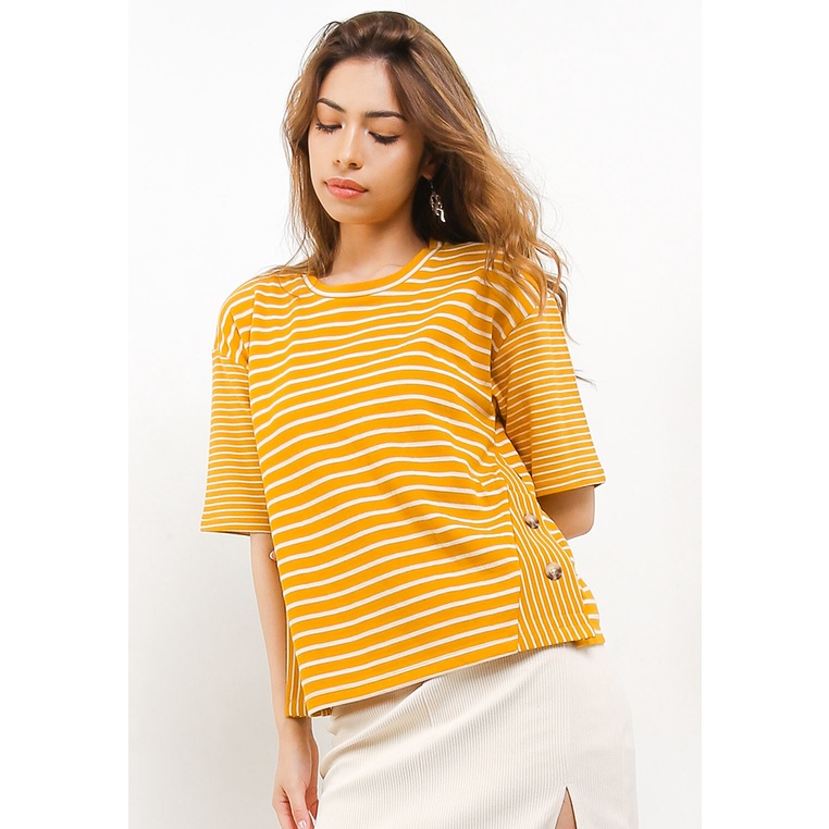 Kaos Hush Puppies Original Wanita Pakaian kasual detail stripes untuk gaya easy basic Dinner Ori 100