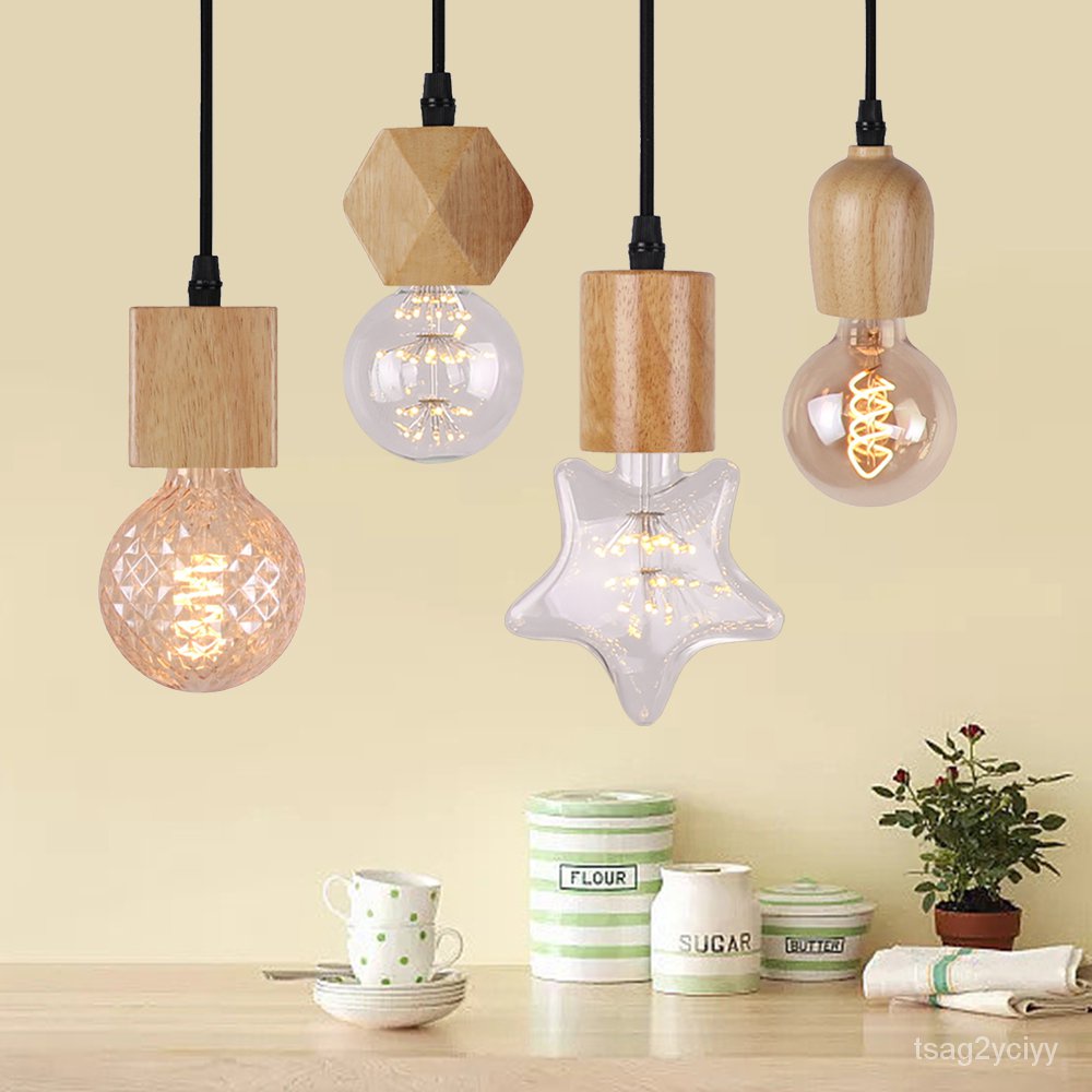 ✅&Farmhouse Wood Pendant Light E27 Socket 220V Adjustable Height  Vintage Wooden Hanging Lamp Retro 
