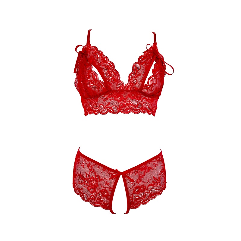 B229 - Bikini Bra Set Merah Transparan, Cup Openable, Crotchless