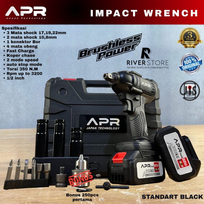 Bor Impact Wrench Cordless APR Standart Black Pembuka Baut Premium
