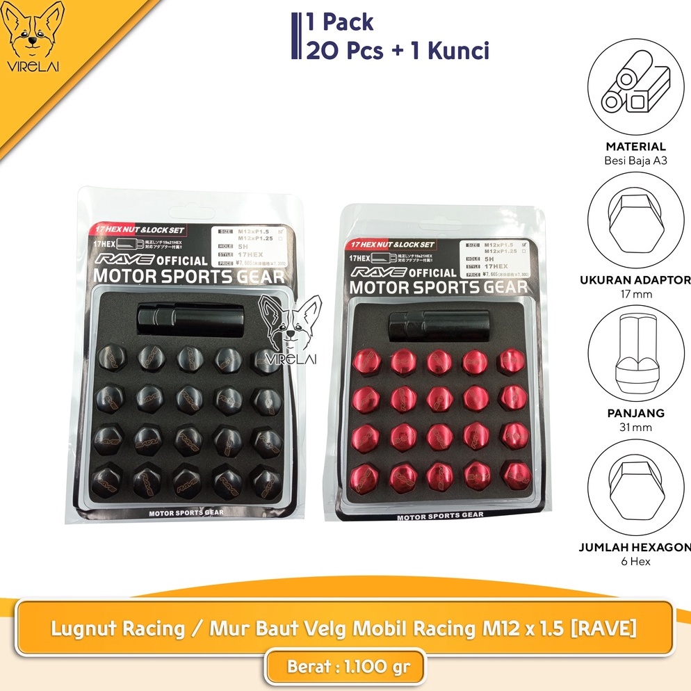 TERBAIK [20 PCS] Lugnut Racing / Mur Baut Velg Mobil Racing M12 x 1.5 [RAVE]