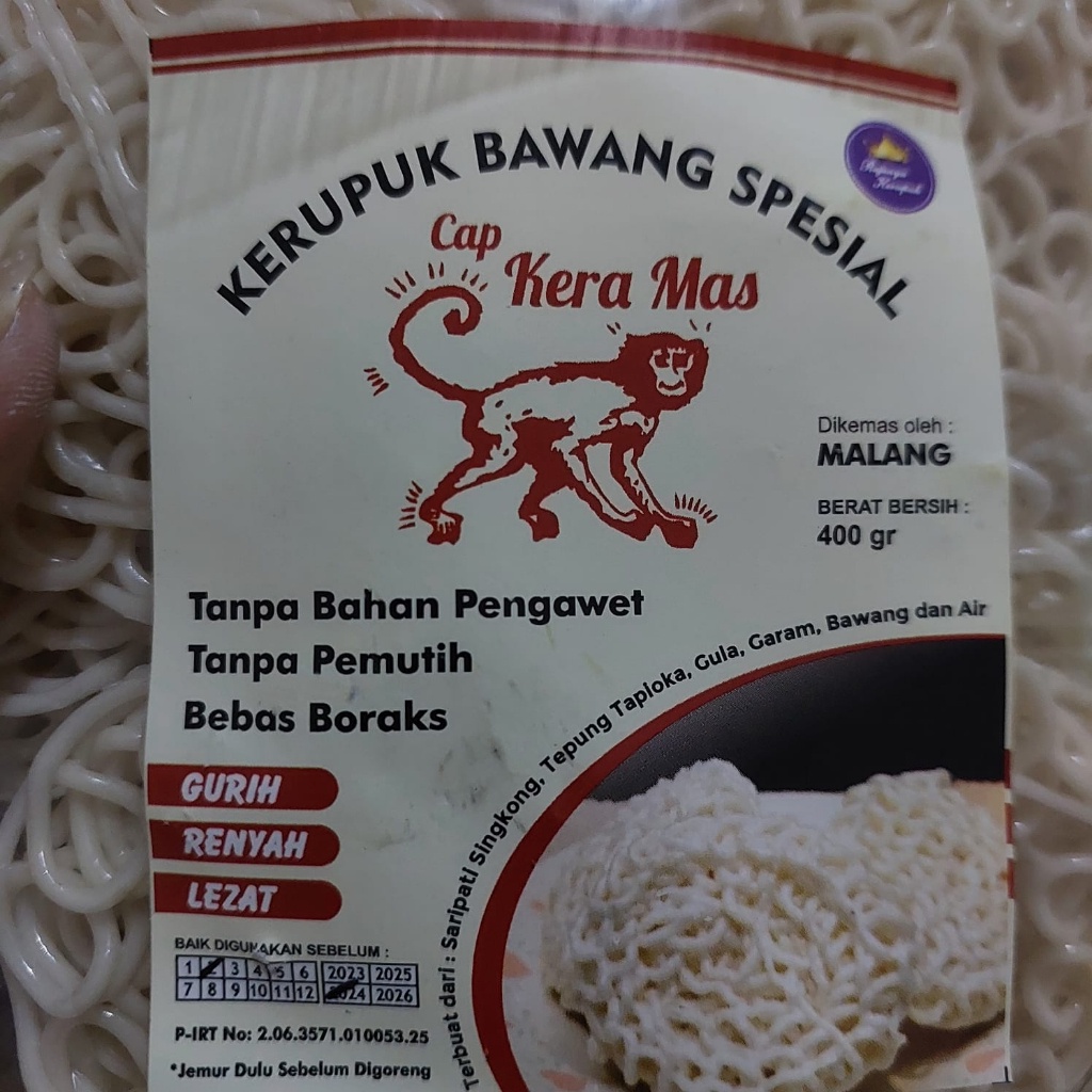 

Kerupuk Bawang Spesial / Terasi Cap Kera Mas Malang 400 Gram