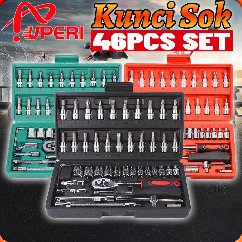 GFNG6427  Set Kunci Socket 46 PCS full Set (1/4 ") Pas Ring L Motor Kunci/kunci l set tekiro lengkap/kunci ring pas 1 set lengkap