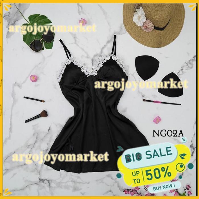 SLEEP DRESS DASTER TIDUR SEXY LINGERIE NIGHT GOWN SATIN HITAM NG02A BAHAN BERKUALITAS