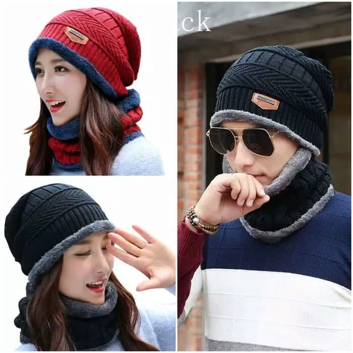 TOPI RAJUT BEANIE DAN SYAL WANITA - TOPI SYAL WINTER MUSIM DINGIN