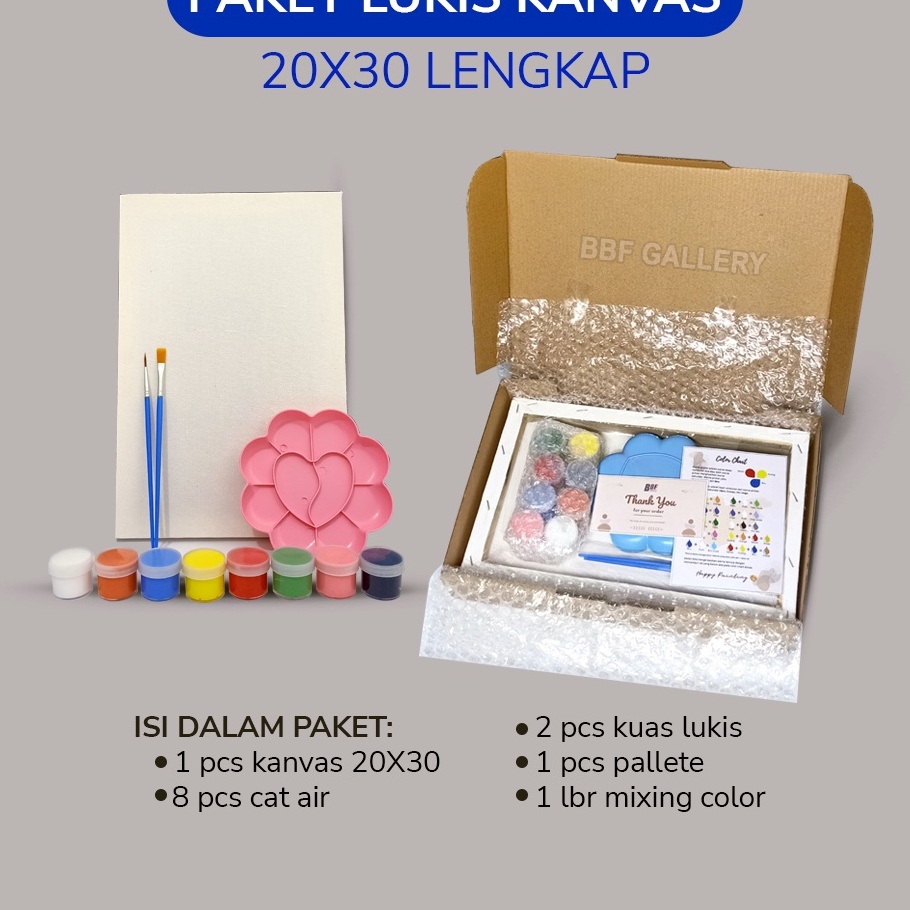 

STR353 Kanvas lukis putih 20x30 cm lengkap dengan 8 cat air akrilik palet dan 2 pcs kuas flat & round Set melukis lengkap paket lengkap melukis mewarnai canvas +