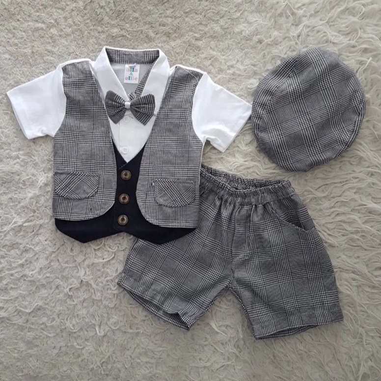 TREND TERBARU Baju Bayi Laki Laki Rompi 6 12 Bulan Tuxedo Set Topi Dasi Kostum Bayi cowok Kemeja